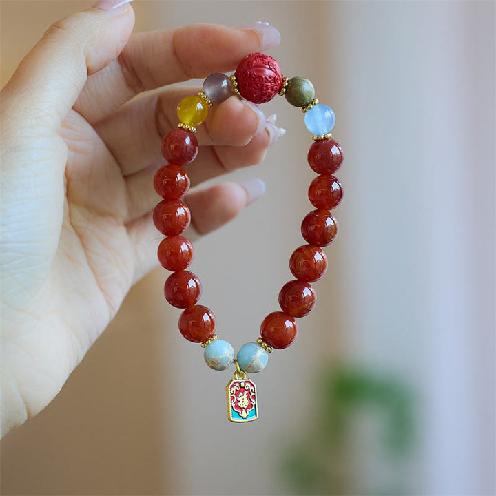 Buddha Stones Natural Red Agate Peace Talisman Fu Character Dragon Tail Confidence Charm Bracelet - Red Agate Peace Talisman Charm(Wrist Circumference 14-16cm) - image 0