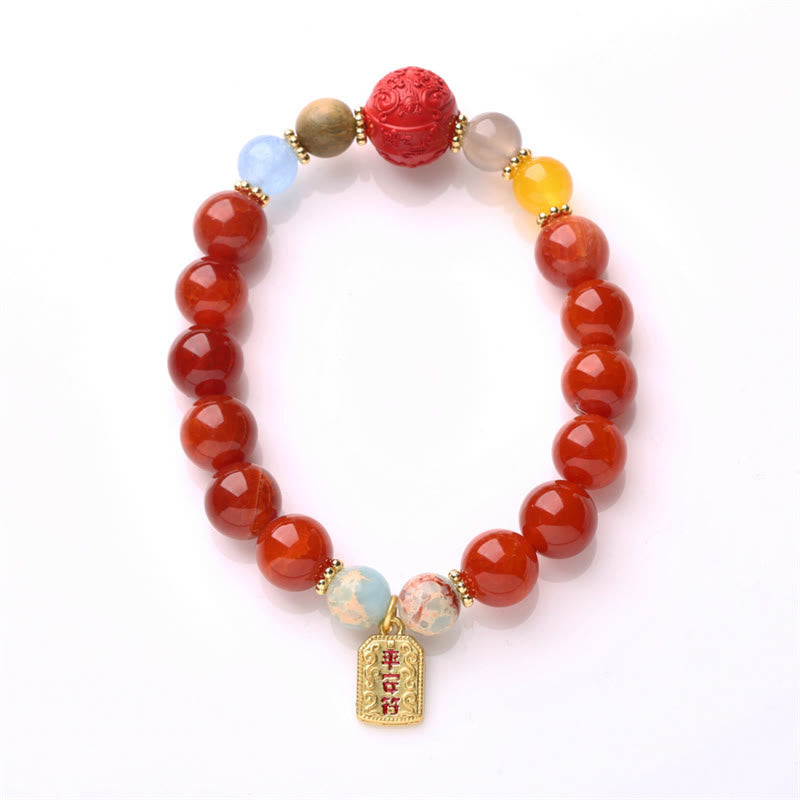 Buddha Stones Natural Red Agate Peace Talisman Fu Character Dragon Tail Confidence Charm Bracelet - image 1