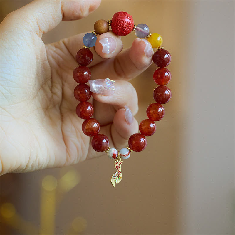 Buddha Stones Natural Red Agate Peace Talisman Fu Character Dragon Tail Confidence Charm Bracelet - Red Agate Dragon Tail Charm(Wrist Circumference 14-16cm) - image 3