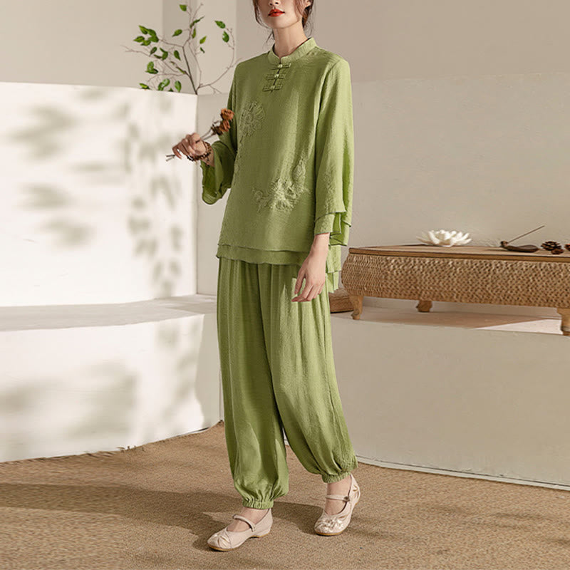 Buddha Stones 2Pcs Long Sleeve Frog-Button Meditation Prayer Zen Practice Tai Chi Uniform Clothing Women's Set - Green Stand Collar(Top&Pants) - US8-10，UK/AU12-14，EU40-42 (2XL) - image 19