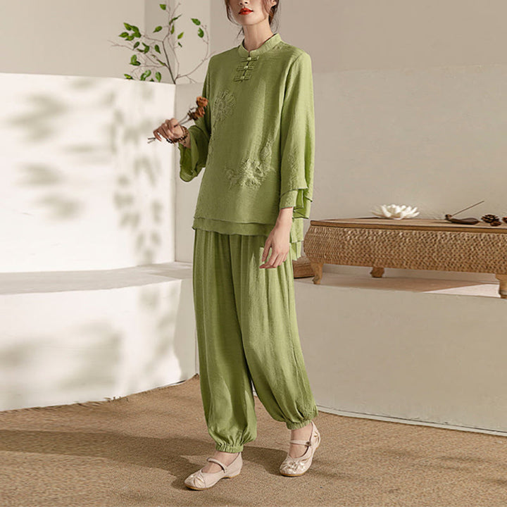 Buddha Stones 2Pcs Long Sleeve Frog-Button Meditation Prayer Zen Practice Tai Chi Uniform Clothing Women's Set - Green Stand Collar(Top&Pants) - US8-10，UK/AU12-14，EU40-42 (2XL) - image 19