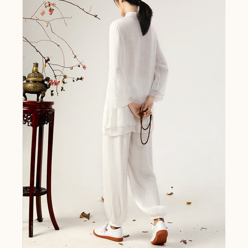 Buddha Stones 2Pcs Long Sleeve Frog-Button Meditation Prayer Zen Practice Tai Chi Uniform Clothing Women's Set - image 3
