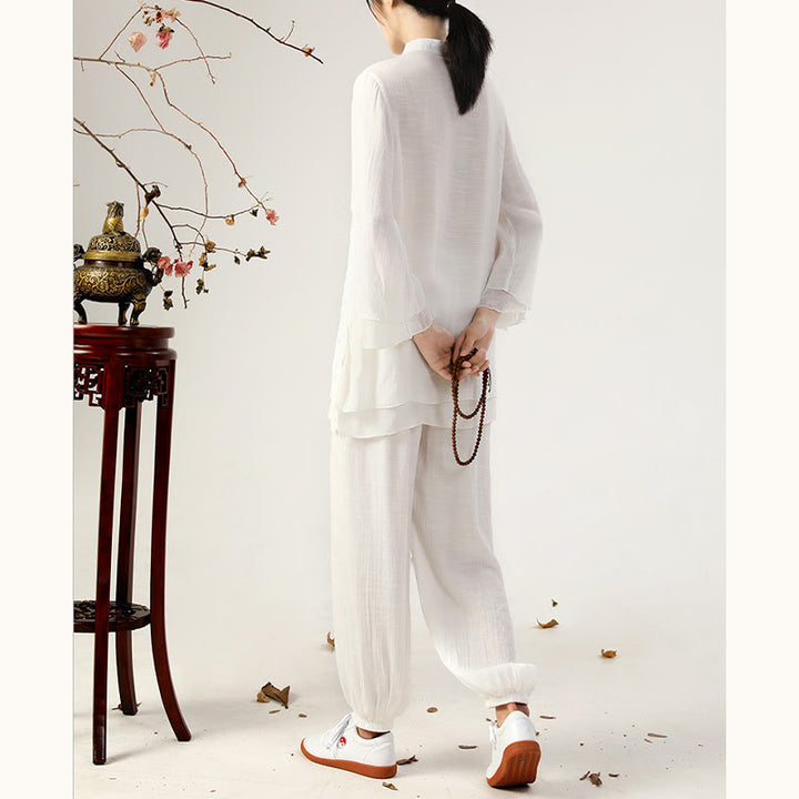 Buddha Stones 2Pcs Long Sleeve Frog-Button Meditation Prayer Zen Practice Tai Chi Uniform Clothing Women's Set - image 3
