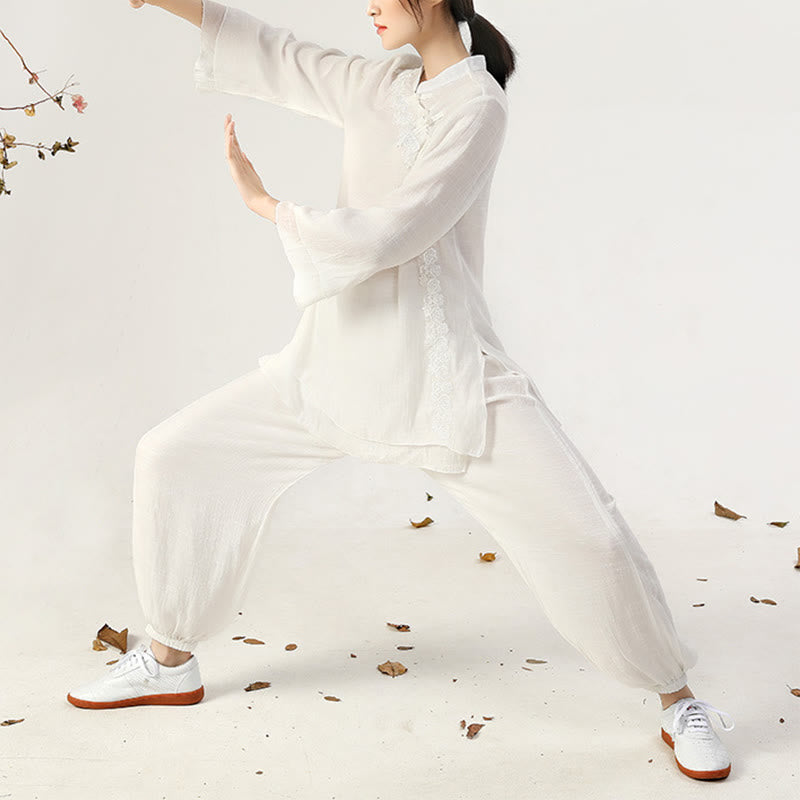 Buddha Stones 2Pcs Long Sleeve Frog-Button Meditation Prayer Zen Practice Tai Chi Uniform Clothing Women's Set - image 2