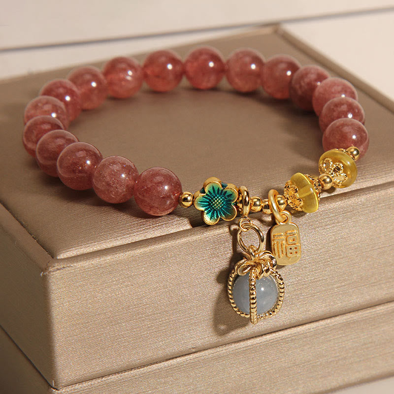 Buddha Stones Natural Strawberry Quartz Crystal Aquamarine Fortune Brand Love Bracelet - image 5