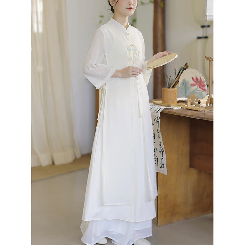 Buddha Stones Embroidery Chiffon Cheongsam Midi Dress Wide Leg Pants Meditation Zen Practice Clothing - image 13