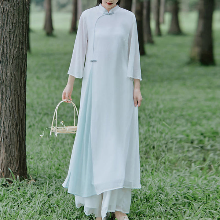 Buddha Stones Three Quarter Sleeve Chiffon Cheongsam Midi Dress Wide Leg Pants Meditation Zen Practice Clothing - image 3