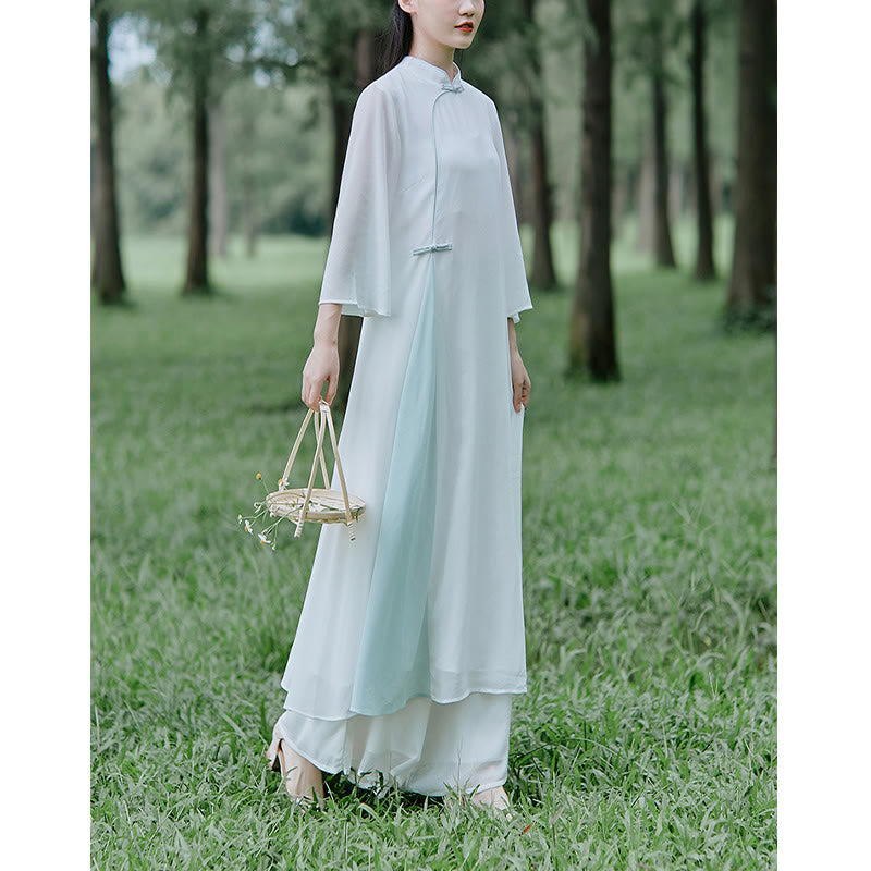 Buddha Stones Three Quarter Sleeve Chiffon Cheongsam Midi Dress Wide Leg Pants Meditation Zen Practice Clothing - image 8
