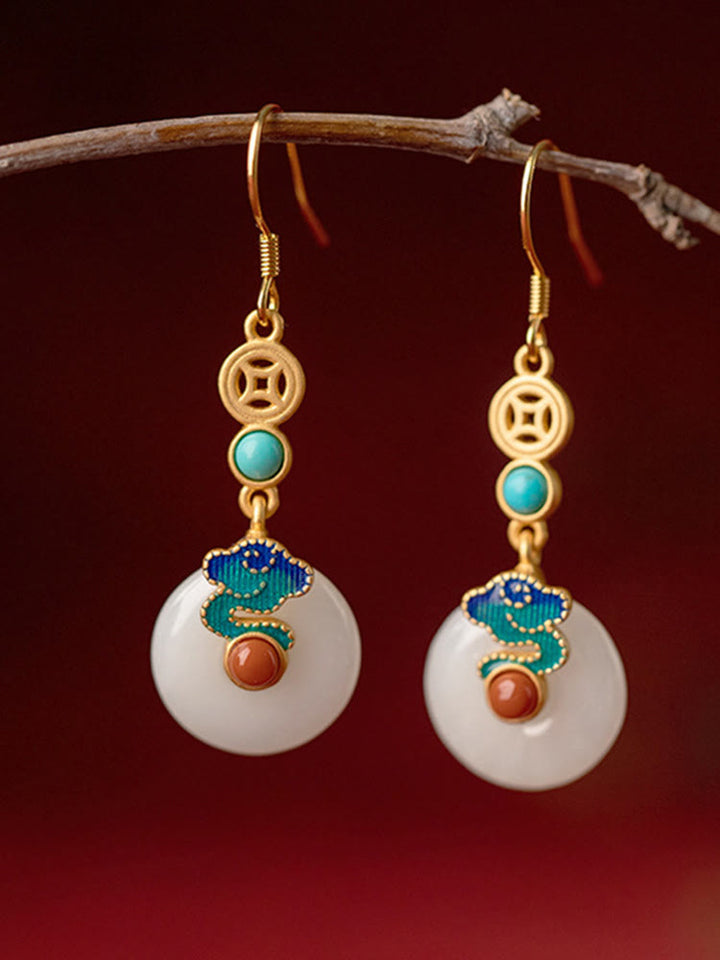Buddha Stones Jade Copper Coins Auspicious Clouds Prosperity Necklace Pendant Bracelet Ring Earrings - Earrings - image 4