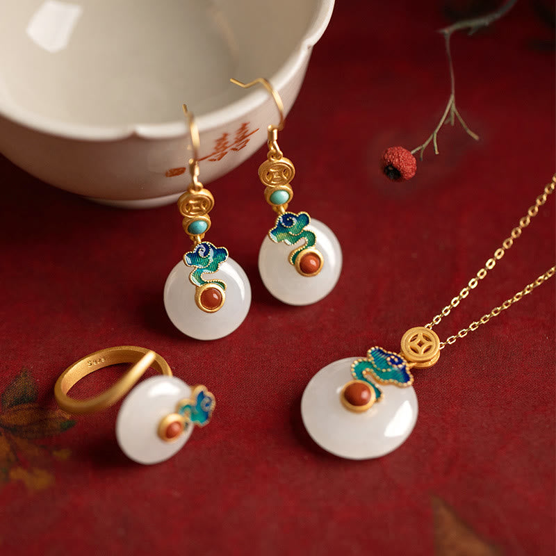 Buddha Stones Jade Copper Coins Auspicious Clouds Prosperity Necklace Pendant Bracelet Ring Earrings - 4Pcs (Necklace & Bracelet & Earrings & Ring) - image 0