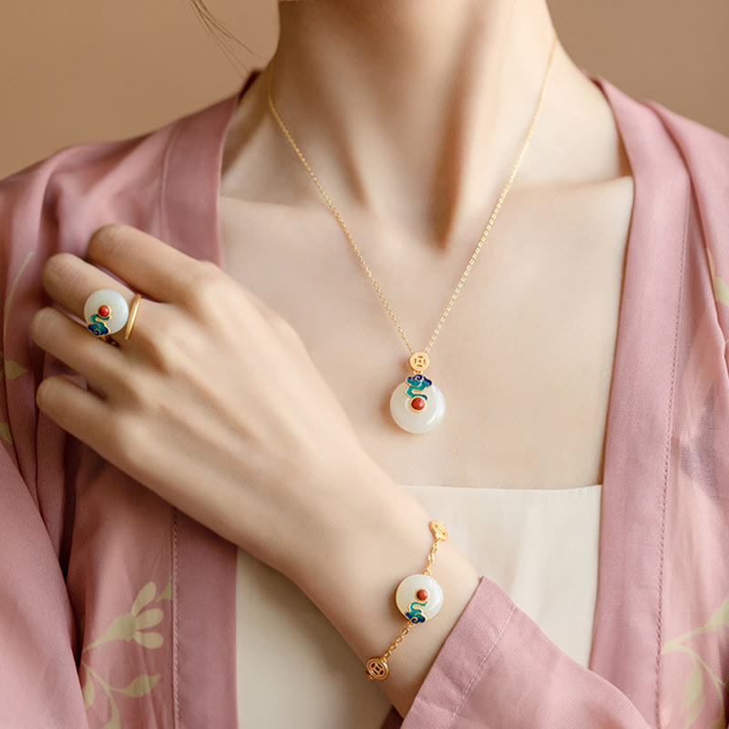 Buddha Stones Jade Copper Coins Auspicious Clouds Prosperity Necklace Pendant Bracelet Ring Earrings - image 5