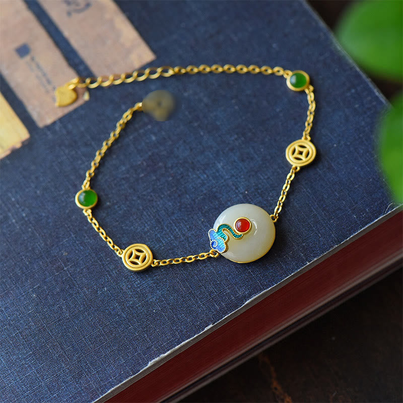 Buddha Stones Jade Copper Coins Auspicious Clouds Prosperity Necklace Pendant Bracelet Ring Earrings - Bracelet(Wrist Circumference 16cm) - image 2