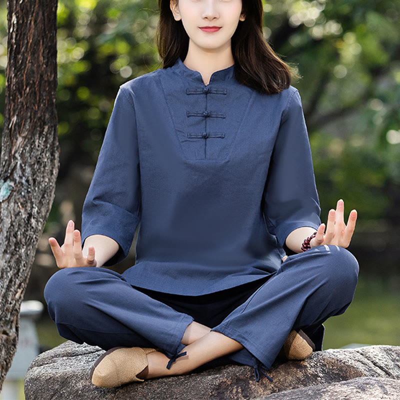Buddha Stones 2Pcs Half Sleeve Shirt Top Pants Meditation Zen Tai Chi Cotton Linen Clothing Women's Set - Blue(Top&Pants) - US8-10，UK/AU12-14，EU40-42 (2XL) - image 0