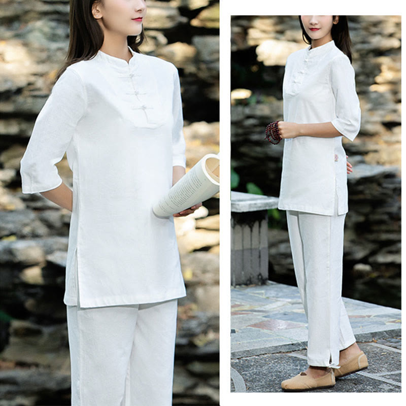 Buddha Stones 2Pcs Half Sleeve Shirt Top Pants Meditation Zen Tai Chi Cotton Linen Clothing Women's Set - image 14