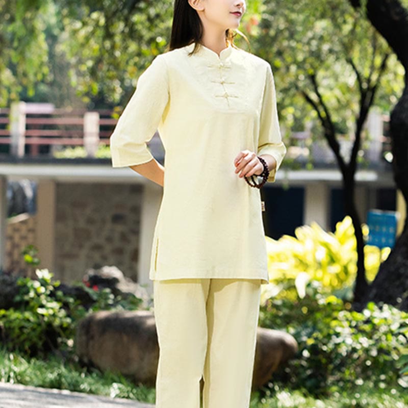 Buddha Stones 2Pcs Half Sleeve Shirt Top Pants Meditation Zen Tai Chi Cotton Linen Clothing Women's Set - image 20