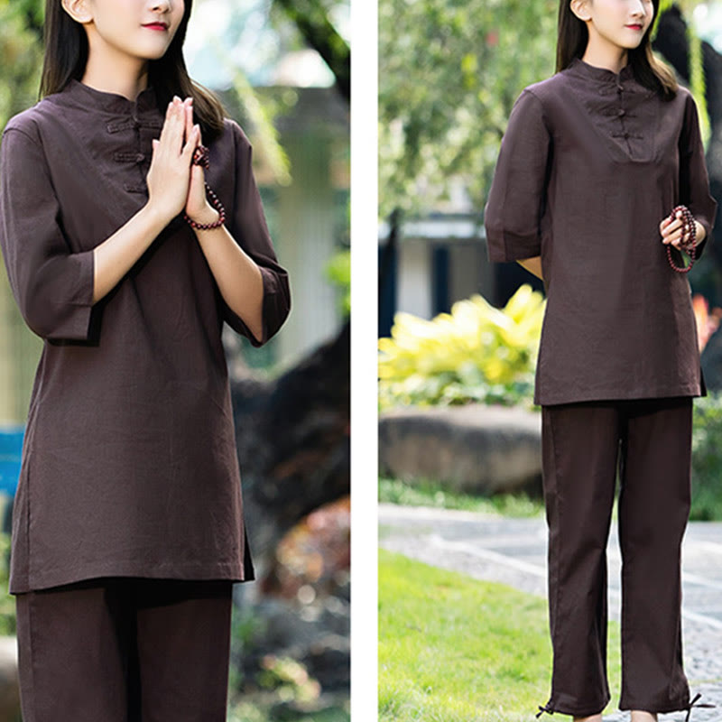 Buddha Stones 2Pcs Half Sleeve Shirt Top Pants Meditation Zen Tai Chi Cotton Linen Clothing Women's Set - image 23