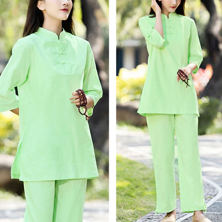 Buddha Stones 2Pcs Half Sleeve Shirt Top Pants Meditation Zen Tai Chi Cotton Linen Clothing Women's Set - image 8