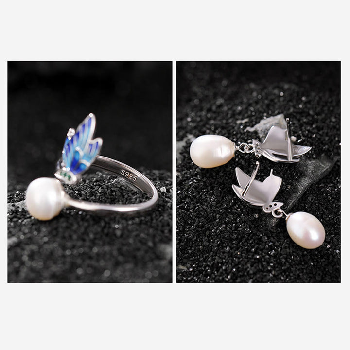 Buddha Stones 925 Sterling Silver Pearl Butterfly Healing Necklace Pendant Earrings Ring - image 14