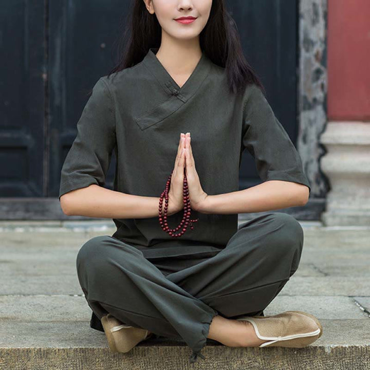 Buddha Stones 2Pcs Half Sleeve V-Neck Shirt Top Pants Meditation Zen Tai Chi Linen Clothing Women's Set - Gray(Top&Pants) - US8-10，UK/AU12-14，EU40-42 (2XL) - image 17