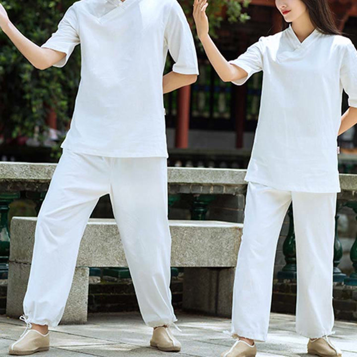Buddha Stones 2Pcs Half Sleeve V-Neck Shirt Top Pants Meditation Zen Tai Chi Linen Clothing Women's Set - image 8