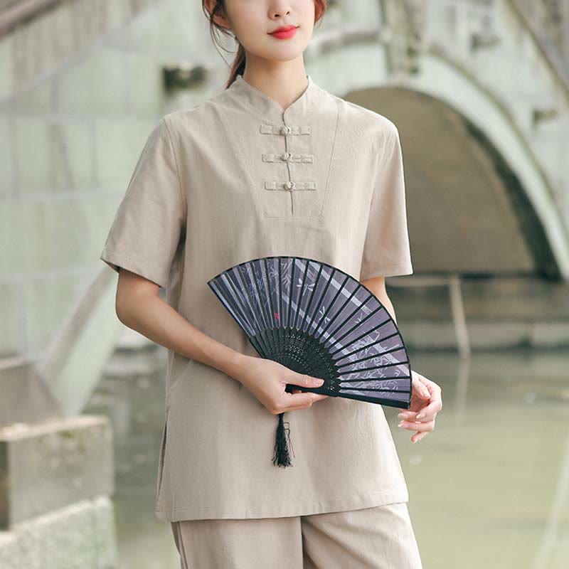 Buddha Stones 2Pcs Women's Short Sleeve Shirt Top T-Shirt Pants Meditation Zen Tai Chi Cotton Linen Clothing Set - Khaki(Top&Pants) - US18，UK/AU22，EU50 (6XL) - image 0