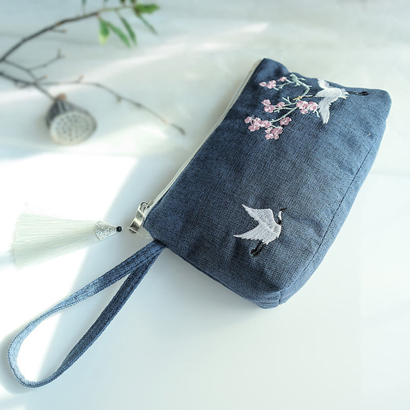 Buddha Stones Small Flower Plum Cherry Crane Peach Blossom Embroidery Canvas Wallet Shopping Purse - Navy Cherry Crane 21*13cm - image 17