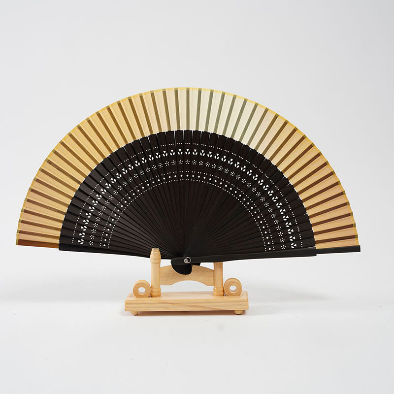 Buddha Stones Gradient Color Hollow Engraved Handheld Bamboo Folding Fan - Gradient Yellow 20cm - image 12