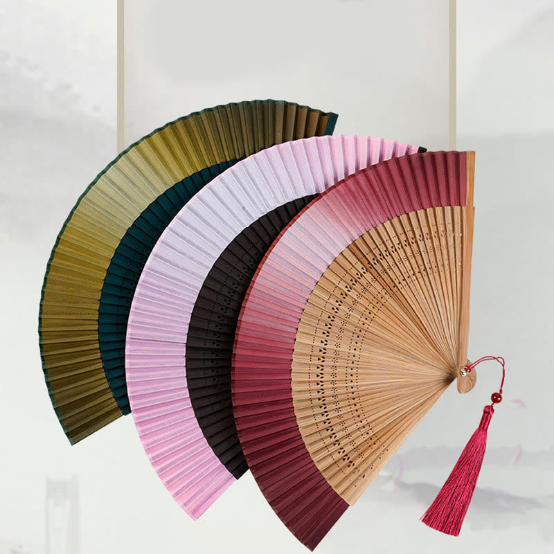 Buddha Stones Solid Color Gradient Hollow Engraved Handheld Bamboo Folding Fan - image 15