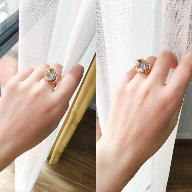 Buddha Stones Pearl Copper Plated Gold Flower Happiness Wealth Ring - image 5