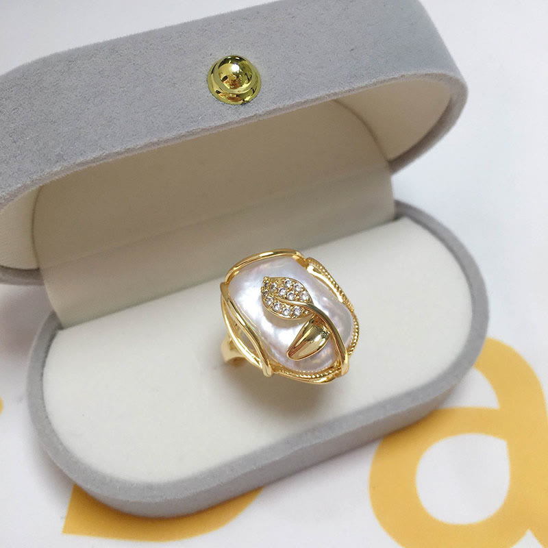 Buddha Stones Pearl Copper Plated Gold Flower Happiness Wealth Ring - image 11