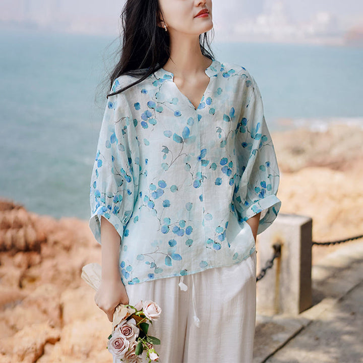Buddha Stones Fruits Leaves Pattern Lantern Sleeve Top Loose Tee T-shirt - image 1