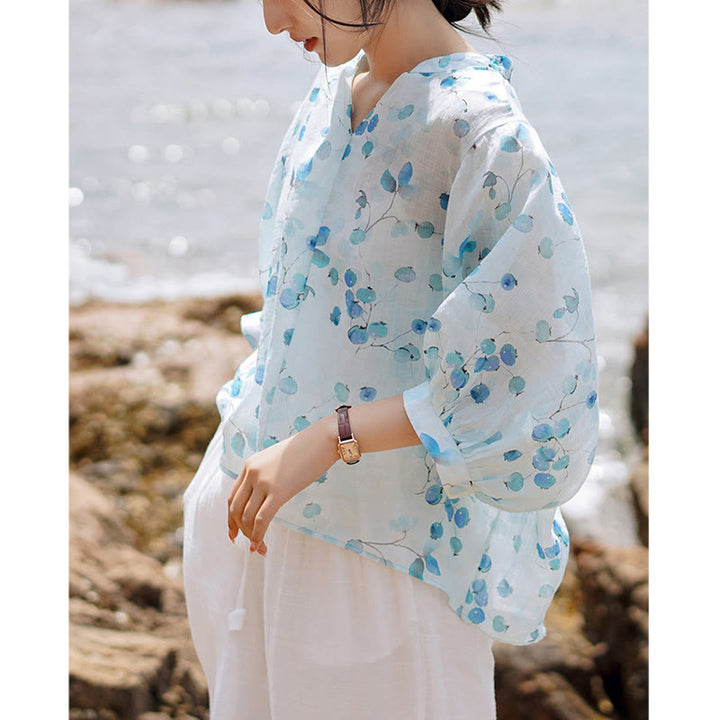 Buddha Stones Fruits Leaves Pattern Lantern Sleeve Top Loose Tee T-shirt - image 4