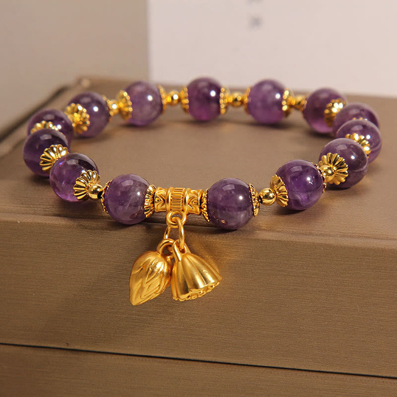 Buddha Stones Natural Amethyst Lotus Healing Spiritual Bracelet - image 5