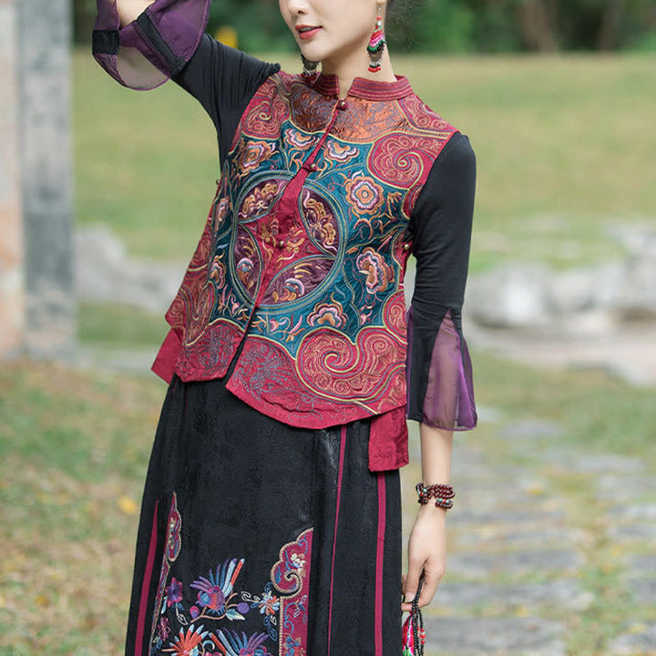 Buddha Stones Vintage Style Embroidery Flower Tang Suit Design Sleeveless Vest - Red(Vest Only) - 2XL(Bust 100cm/Shoulder 40cm/Length 59cm) - image 17