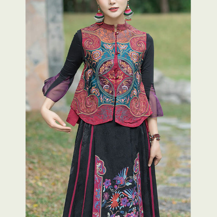 Buddha Stones Vintage Style Embroidery Flower Tang Suit Design Sleeveless Vest - image 19