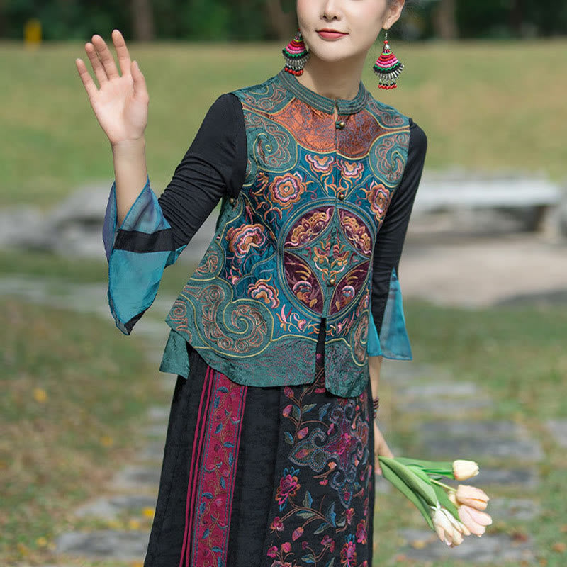 Buddha Stones Vintage Style Embroidery Flower Tang Suit Design Sleeveless Vest - image 5