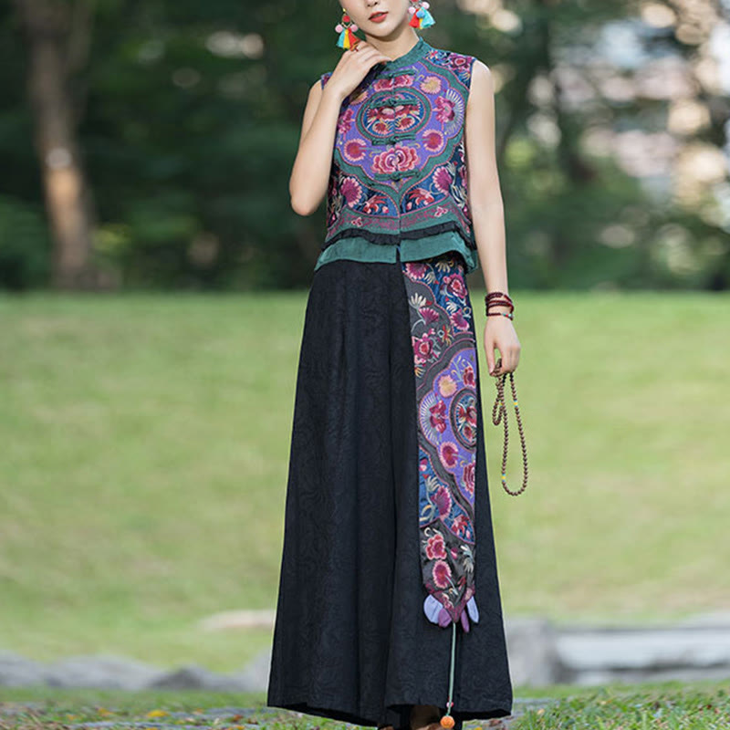 Buddha Stones Frog-Button Embroidery Flowers Cotton Linen Tang Suit Design Sleeveless Vest - image 6