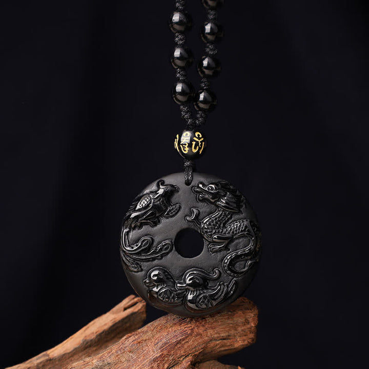Buddha Stones Black Obsidian Dragon Phoenix Mandarin Duck Luck Protection Necklace Pendant - image 0
