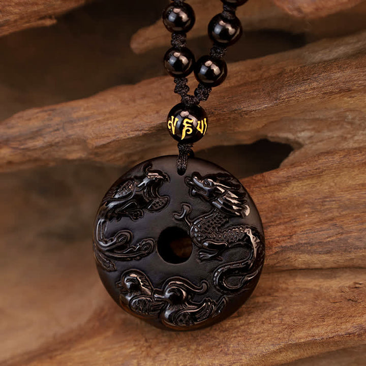 Buddha Stones Black Obsidian Dragon Phoenix Mandarin Duck Luck Protection Necklace Pendant - image 6