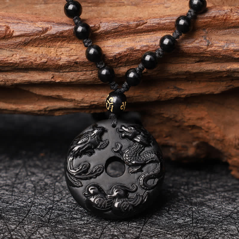 Buddha Stones Black Obsidian Dragon Phoenix Mandarin Duck Luck Protection Necklace Pendant - 34mm Black Obsidian&Bead Chain - image 5