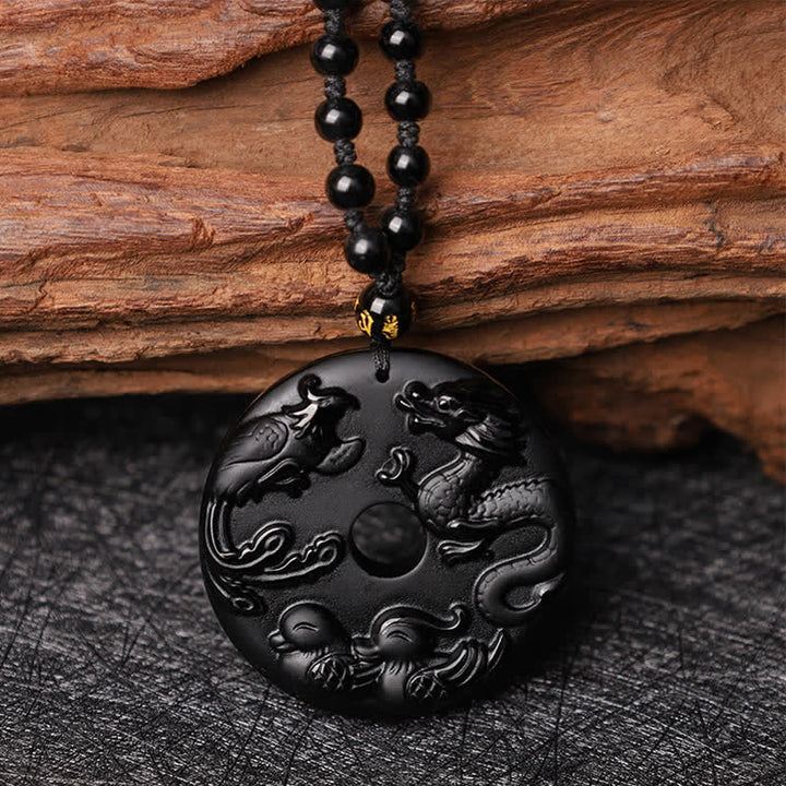 Buddha Stones Black Obsidian Dragon Phoenix Mandarin Duck Luck Protection Necklace Pendant - 50mm Black Obsidian&Bead Chain - image 1