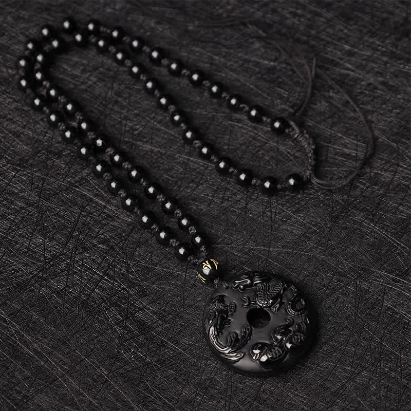 Buddha Stones Black Obsidian Dragon Phoenix Mandarin Duck Luck Protection Necklace Pendant - image 7