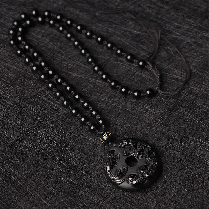 Buddha Stones Black Obsidian Dragon Phoenix Mandarin Duck Luck Protection Necklace Pendant - image 7