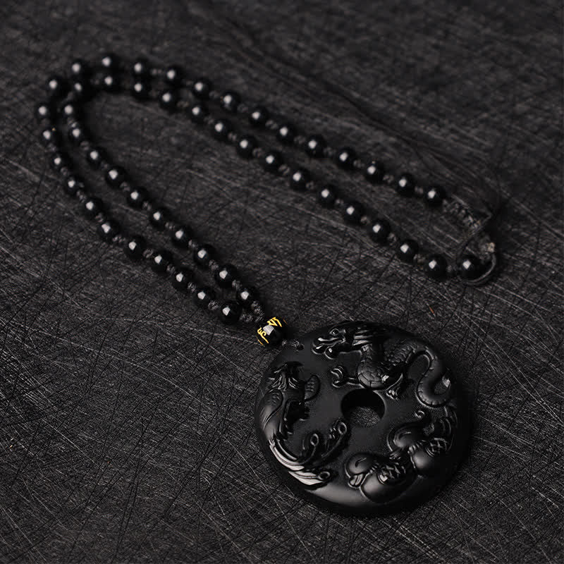 Buddha Stones Black Obsidian Dragon Phoenix Mandarin Duck Luck Protection Necklace Pendant - image 3