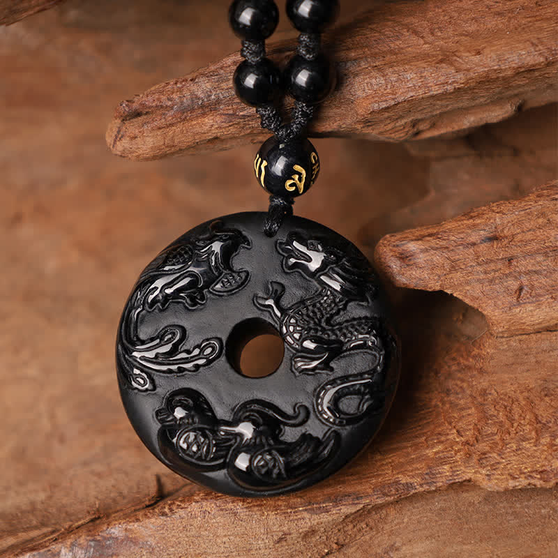 Buddha Stones Black Obsidian Dragon Phoenix Mandarin Duck Luck Protection Necklace Pendant - image 2