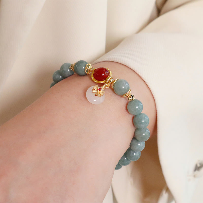 Buddha Stones Natural Jade Red Agate Pearl Bow Tie Luck Bracelet - image 2
