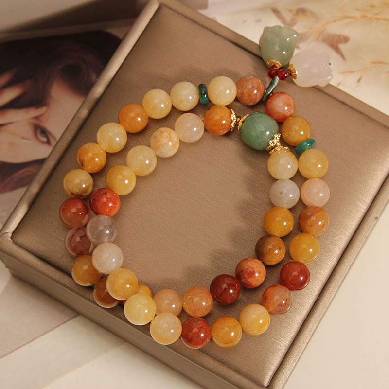 Buddha Stones Tibet Natural Golden Silk Jade Double Layer Bell Orchid Luck Bracelet - image 3