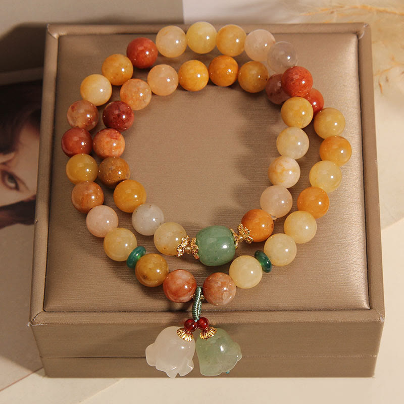 Buddha Stones Tibet Natural Golden Silk Jade Double Layer Bell Orchid Luck Bracelet - image 6