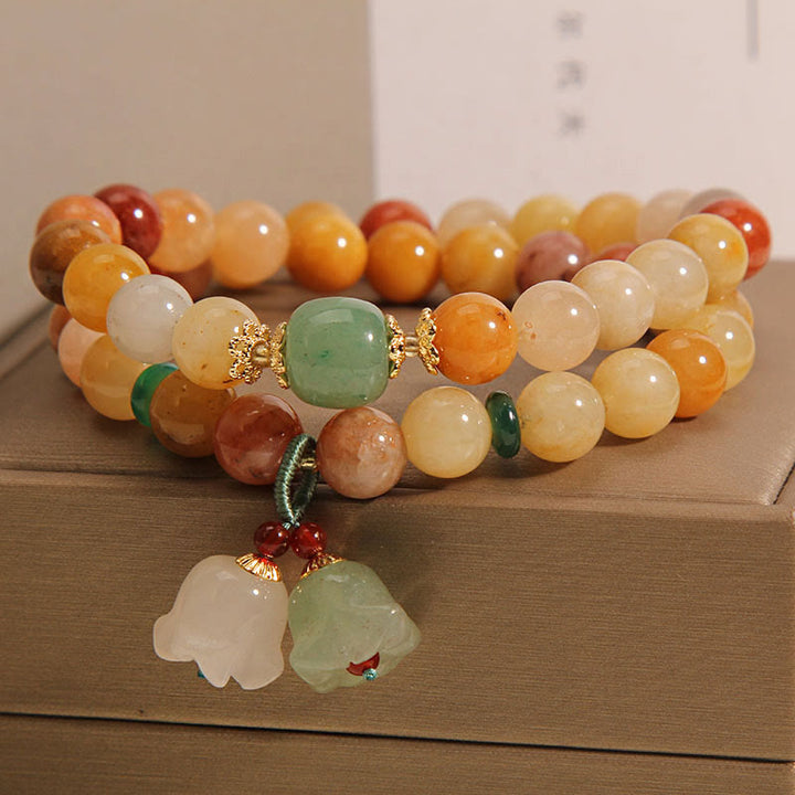 Buddha Stones Tibet Natural Golden Silk Jade Double Layer Bell Orchid Luck Bracelet - image 2