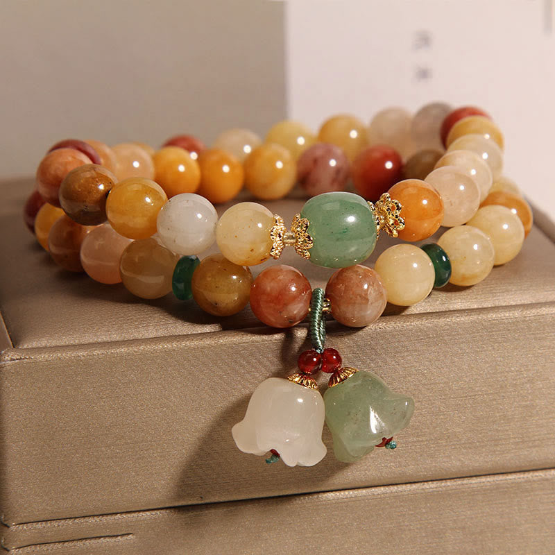 Buddha Stones Tibet Natural Golden Silk Jade Double Layer Bell Orchid Luck Bracelet - image 1